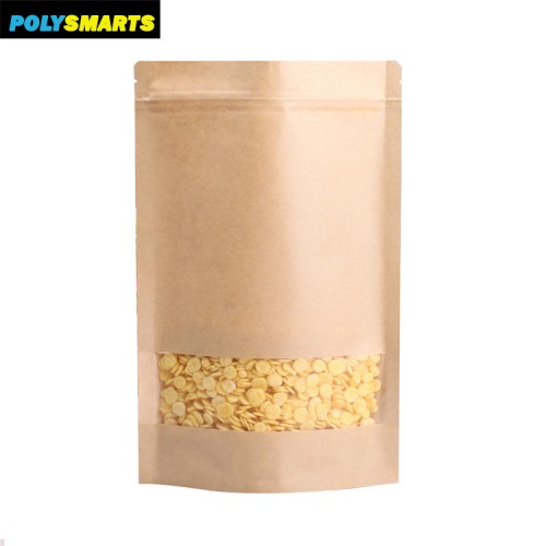 Natural Kraft Stand up Pouches with Window and Zip Lock Food Storage Bag Pack of 100 (7.87