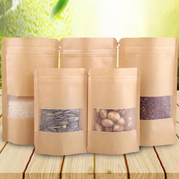 Reclosable Zipper Craft Paper Food Packaging Bags, Stand Up Pouch With Clear Rectangle Window In Retail